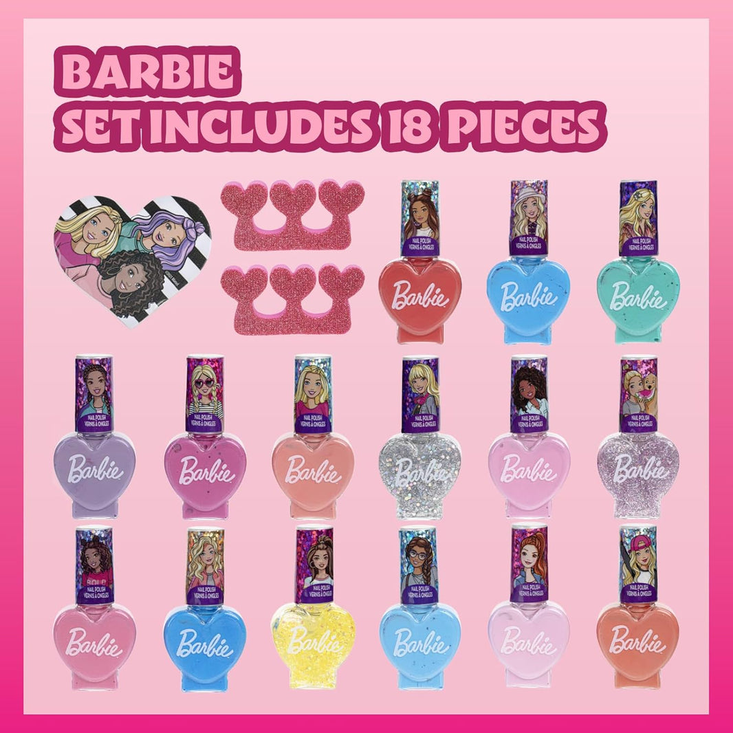 Barbie Set de 18 piezas de esmaltes de uñas y maquillaje para niñas — Incluye 15 esmaltes a base de agua, 2 separadores de dedos y 1 lima de uñas, de Townley Girl