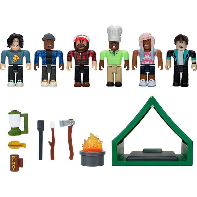 Roblox Colección de Acción – Bienvenido a Bloxburg: Camping Crew Playset | Set de Figuras y Accesorios | Juguete Oficial de Aventura y Exploración