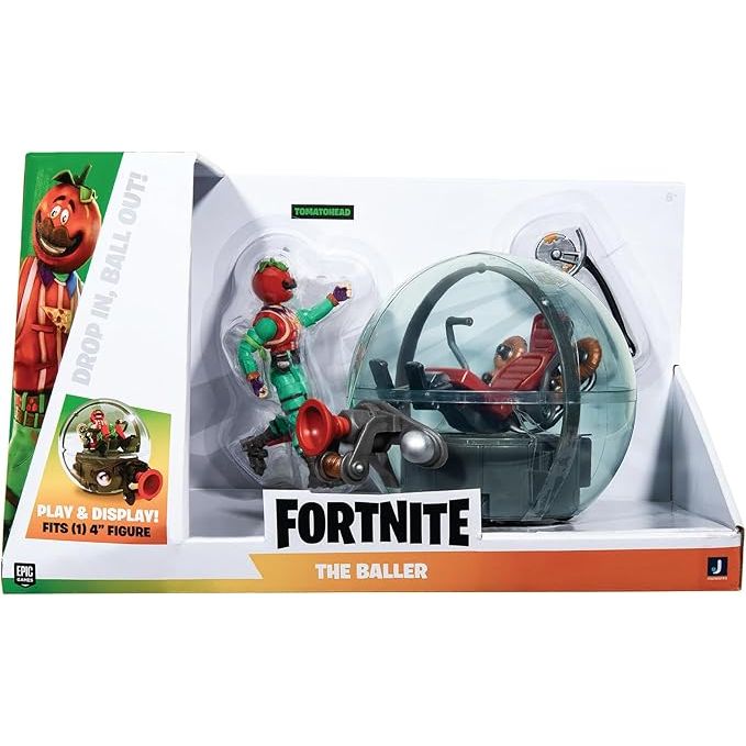 Pack coleccionista Fortnite: Vehículo The Baller + Figura Tomatohead oficial. Detalles únicos para fans y amantes de Fortnite.