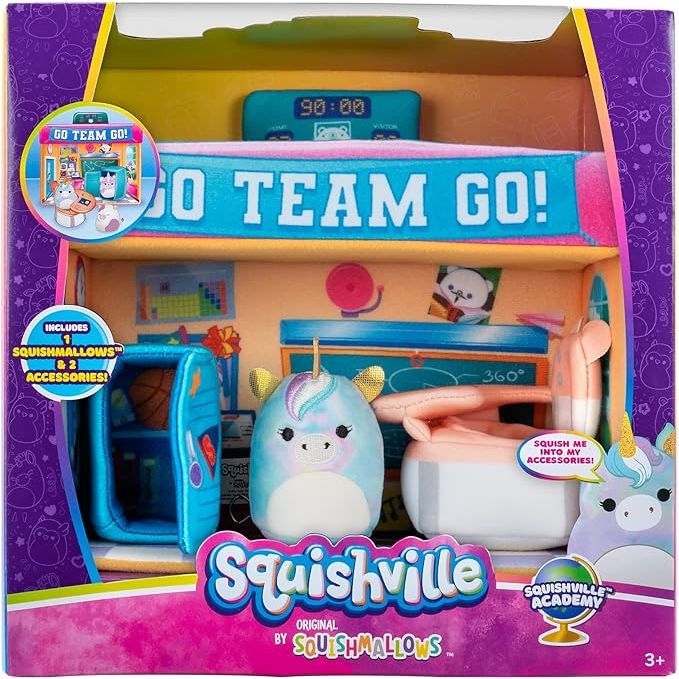 Mini Playset Squishville Academia con Peluche Squishmallows 5cm - Caja algo dañada