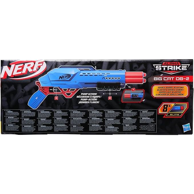 Nerf Alpha Strike Big Cat DB-2 Blaster, doble cañón, dispara 2 dardos seguidos, incluye 8 dardos oficiales Nerf Elite