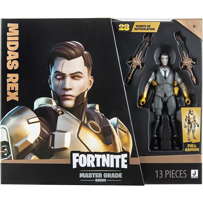 Figura Fortnite Midas Master Grade 2 en 1 + 15 Accesorios Coleccionables - caja algo dañada