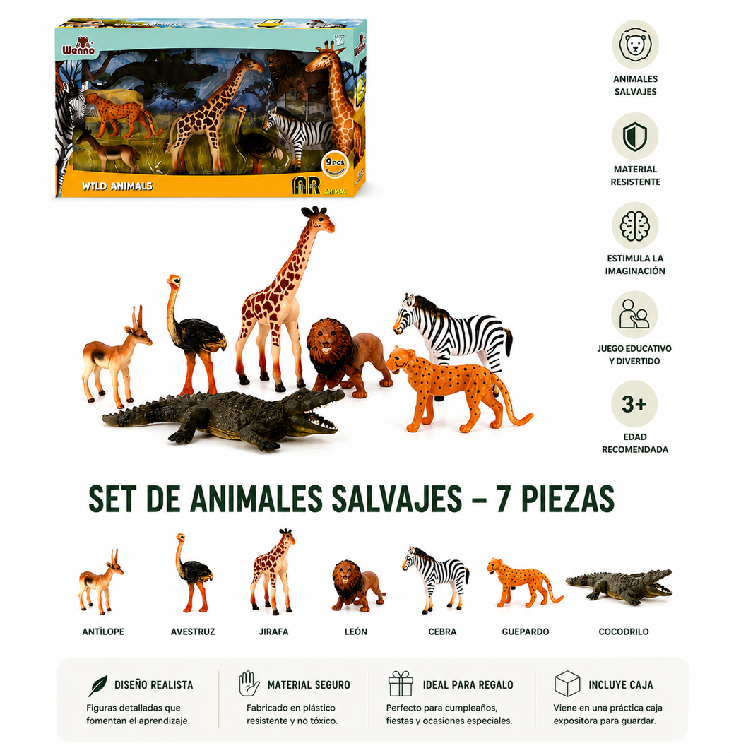 Set de Animales Salvajes 7 Piezas | Figuras de Safari para Niños