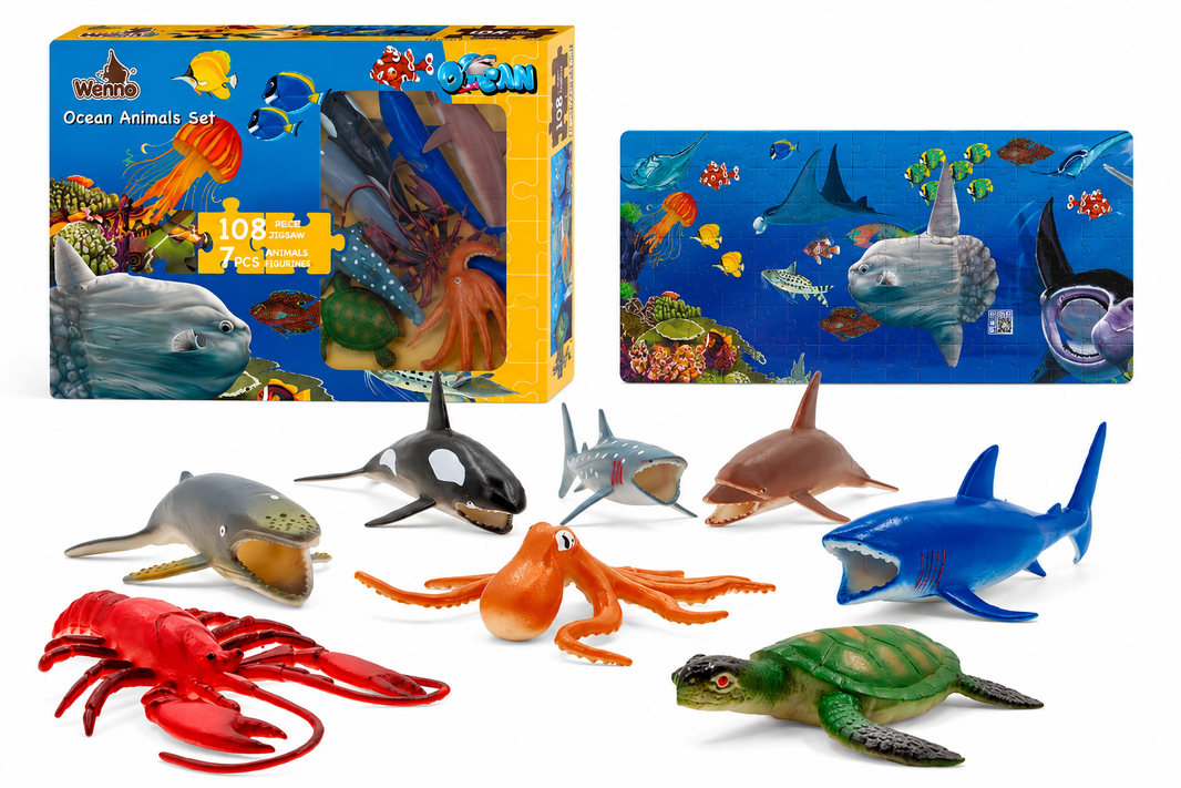 Puzzle Animales Marinos 108 Piezas con 7 Figuras | Set Educativo del Océano