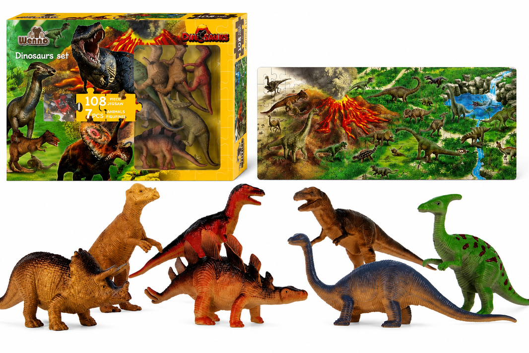 Puzzle Dinosaurios 108 Piezas con 7 Figuras | Set Educativo Prehistórico para Niños