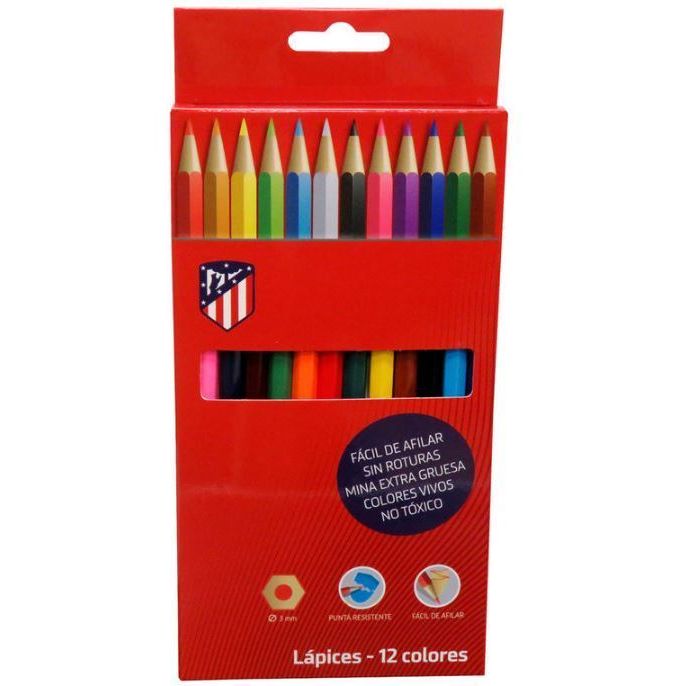 Atlético de Madrid Set 12 Lápices de Colores | Pinturas Escolares Infantiles | Material Escolar Oficial