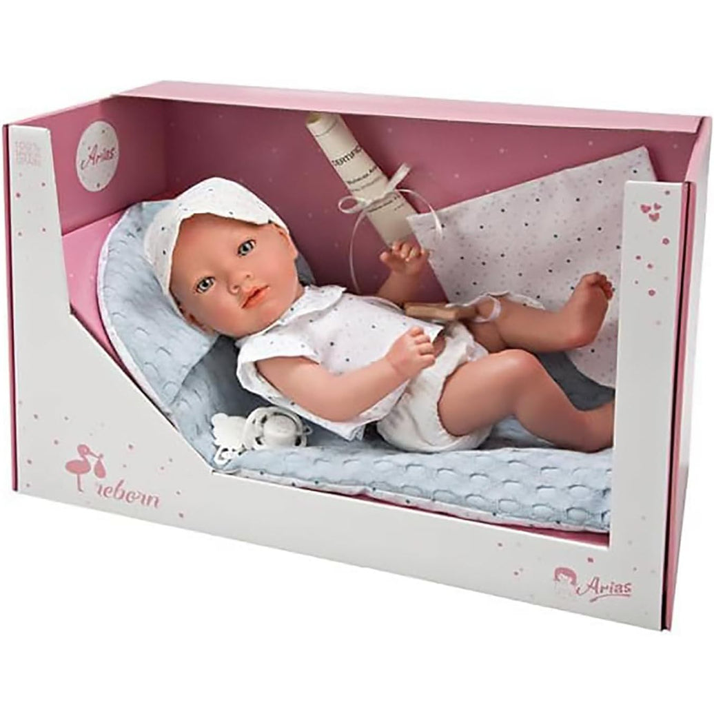 ARIAS- Bebe Reborn Claudio Azul con colchoneta para Carro o Cuna y dou dou mordedor