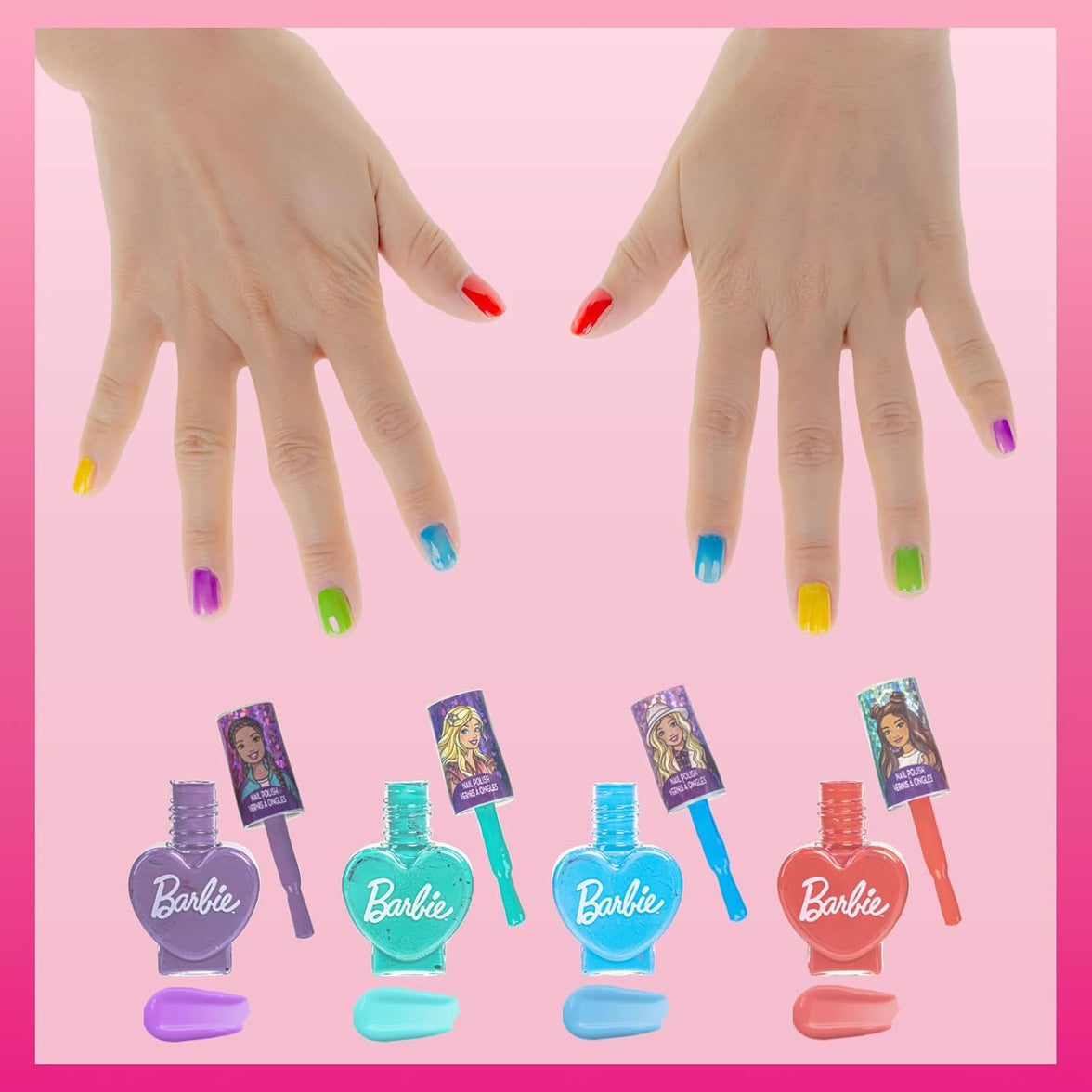 Barbie Set de 18 piezas de esmaltes de uñas y maquillaje para niñas — Incluye 15 esmaltes a base de agua, 2 separadores de dedos y 1 lima de uñas, de Townley Girl