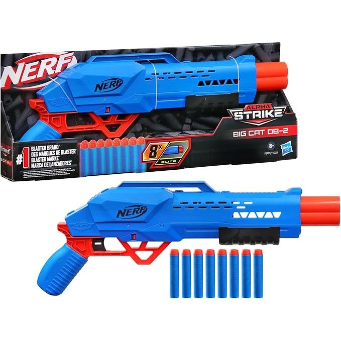 Nerf Alpha Strike Big Cat DB-2 Blaster, doble cañón, dispara 2 dardos seguidos, incluye 8 dardos oficiales Nerf Elite