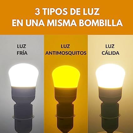 Pack 5 WIOHAIR + 1 de regalo Bombillas antimosquitos(tres luces, luz calida, blanca y antimosquitos) | Eficaz en interior y exterior | Tecnología patentada | Repelente de mosquito común y tigre| LED E27 A70, 11W | 3 tipos de luz: 1850 K, 3800 K, 5700 K