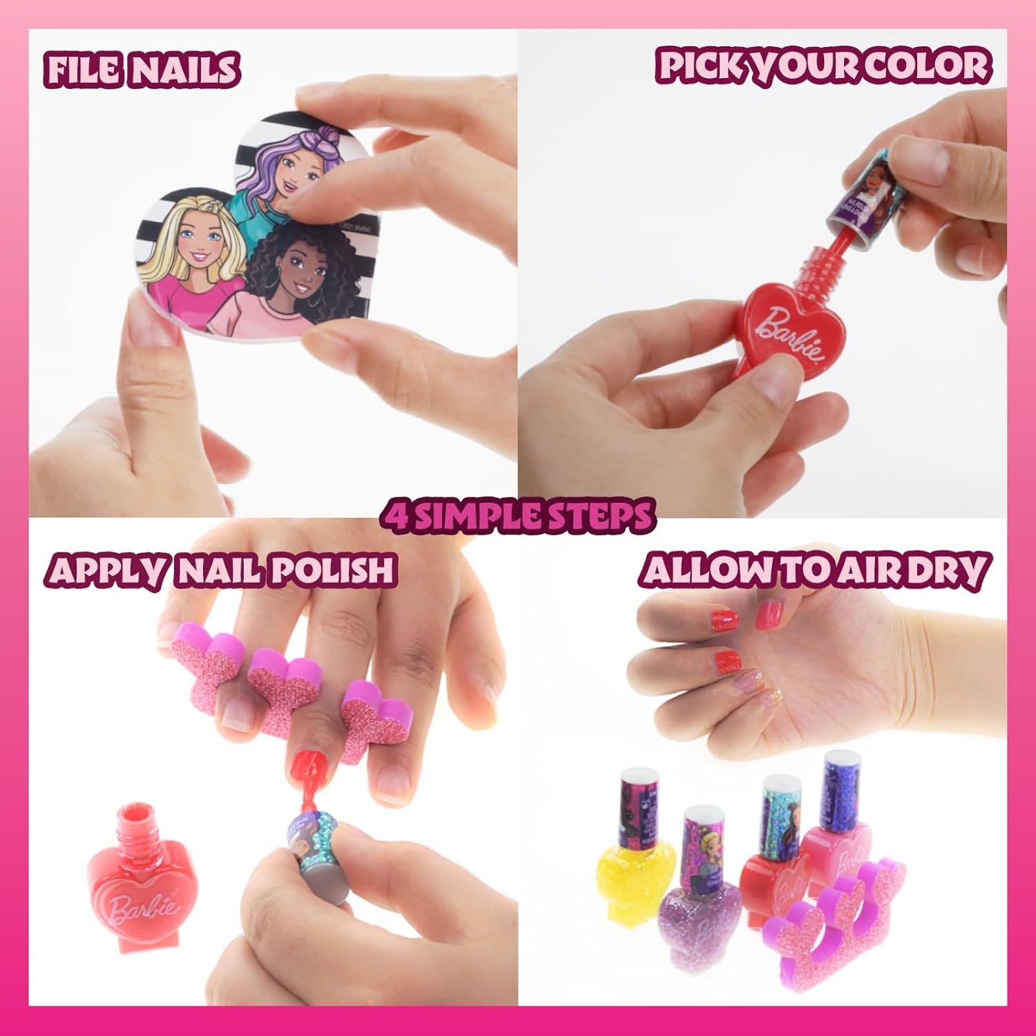 Barbie Set de 18 piezas de esmaltes de uñas y maquillaje para niñas — Incluye 15 esmaltes a base de agua, 2 separadores de dedos y 1 lima de uñas, de Townley Girl