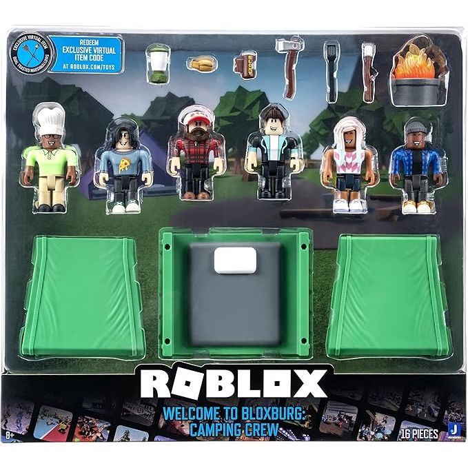 Roblox Colección de Acción – Bienvenido a Bloxburg: Camping Crew Playset | Set de Figuras y Accesorios | Juguete Oficial de Aventura y Exploración