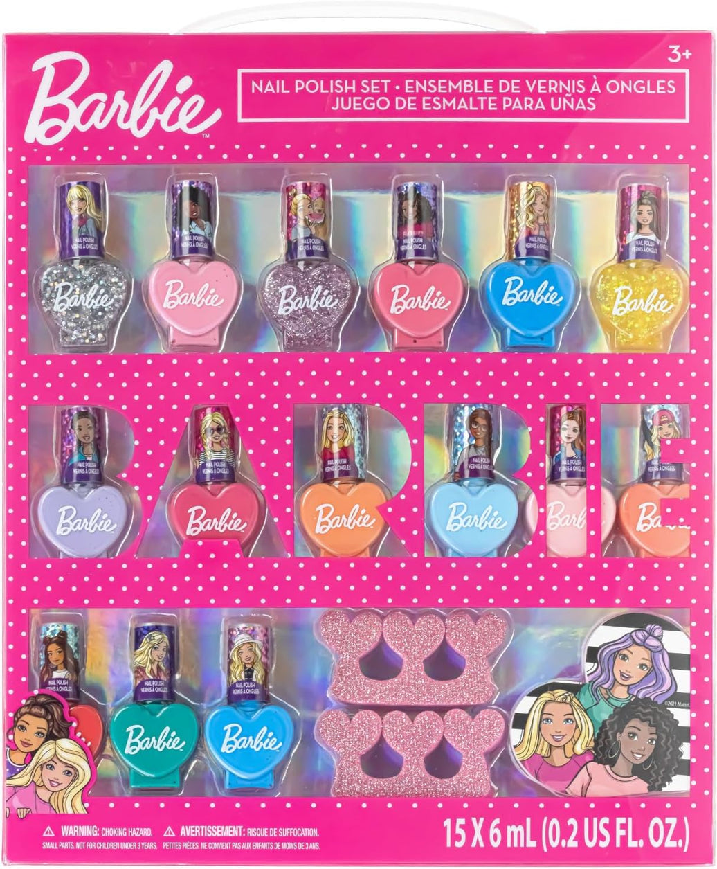 Barbie Set de 18 piezas de esmaltes de uñas y maquillaje para niñas — Incluye 15 esmaltes a base de agua, 2 separadores de dedos y 1 lima de uñas, de Townley Girl