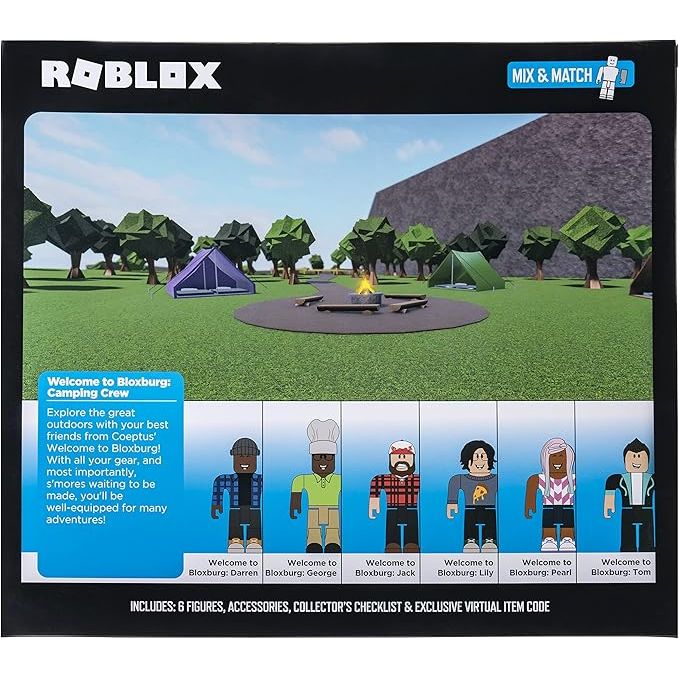 Roblox Colección de Acción – Bienvenido a Bloxburg: Camping Crew Playset | Set de Figuras y Accesorios | Juguete Oficial de Aventura y Exploración