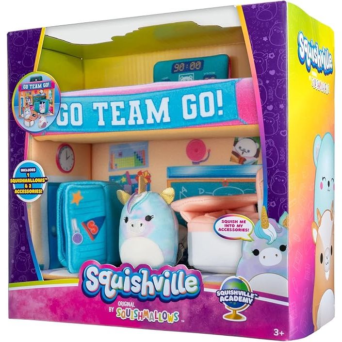 Mini Playset Squishville Academia con Peluche Squishmallows 5cm - Caja algo dañada