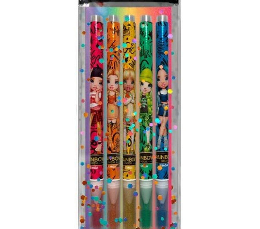 Pack de 5 Bolígrafos de Gel con Purpurina y Aromas Rainbow High | Bolígrafo Infantil de Colores Brillantes | Papelería Creativa para Niñas