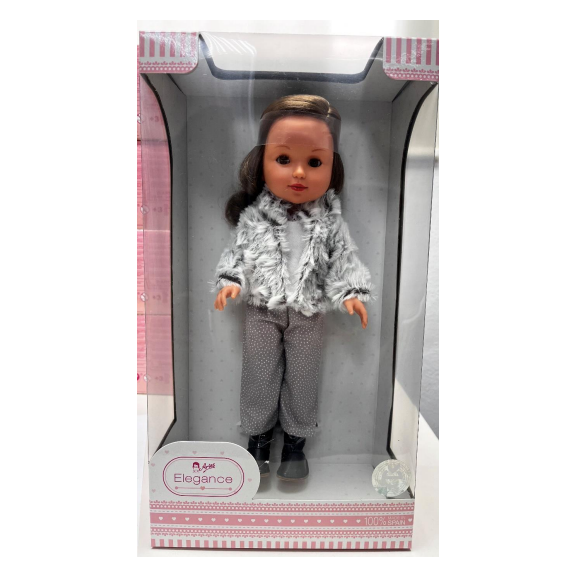 Muñeca Arias Elegance Carla – Muñeca Bebé de 38 cm con Chaqueta de Pelo Gris y Complementos | Fabricada en España