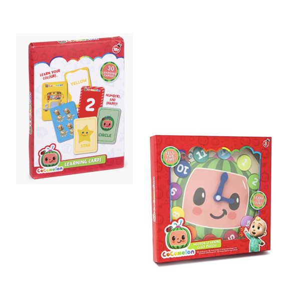 Pack Cocomelon Reloj de Madera Aprendizaje y Cocomelon Mis Primeras Cartas Aprendizaje en Ingles