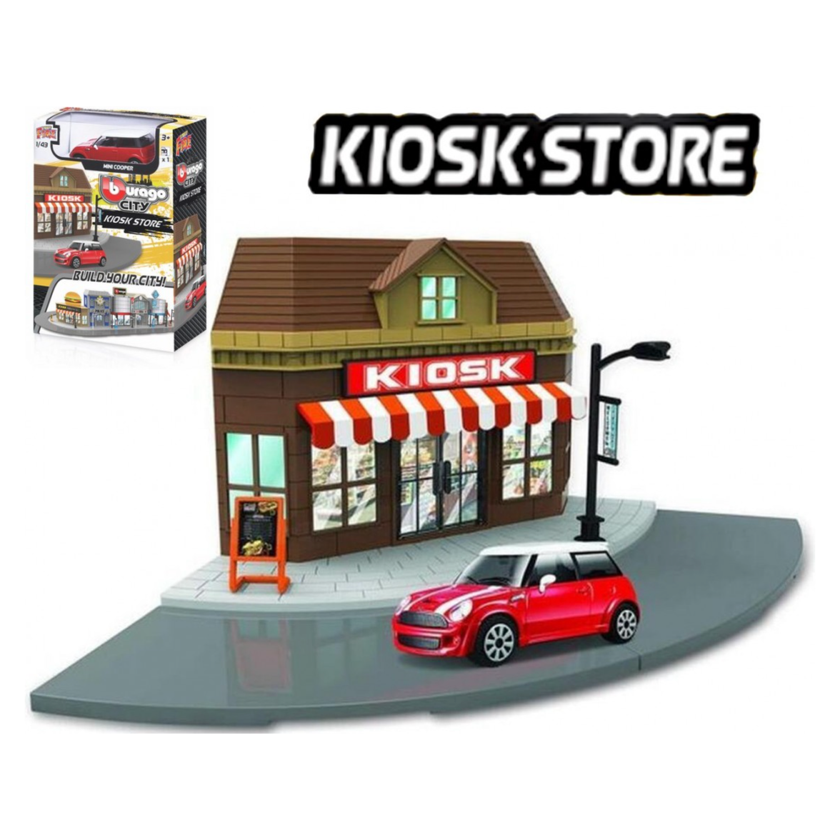 Bburago Build Your City 1/43 – Kiosk Store + Mini Cooper S | Set de Juego con Coche Die-Cast y Accesorios | Juguete de Construcción y Colección