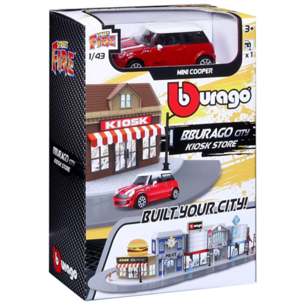 Bburago Build Your City 1/43 – Kiosk Store + Mini Cooper S | Set de Juego con Coche Die-Cast y Accesorios | Juguete de Construcción y Colección