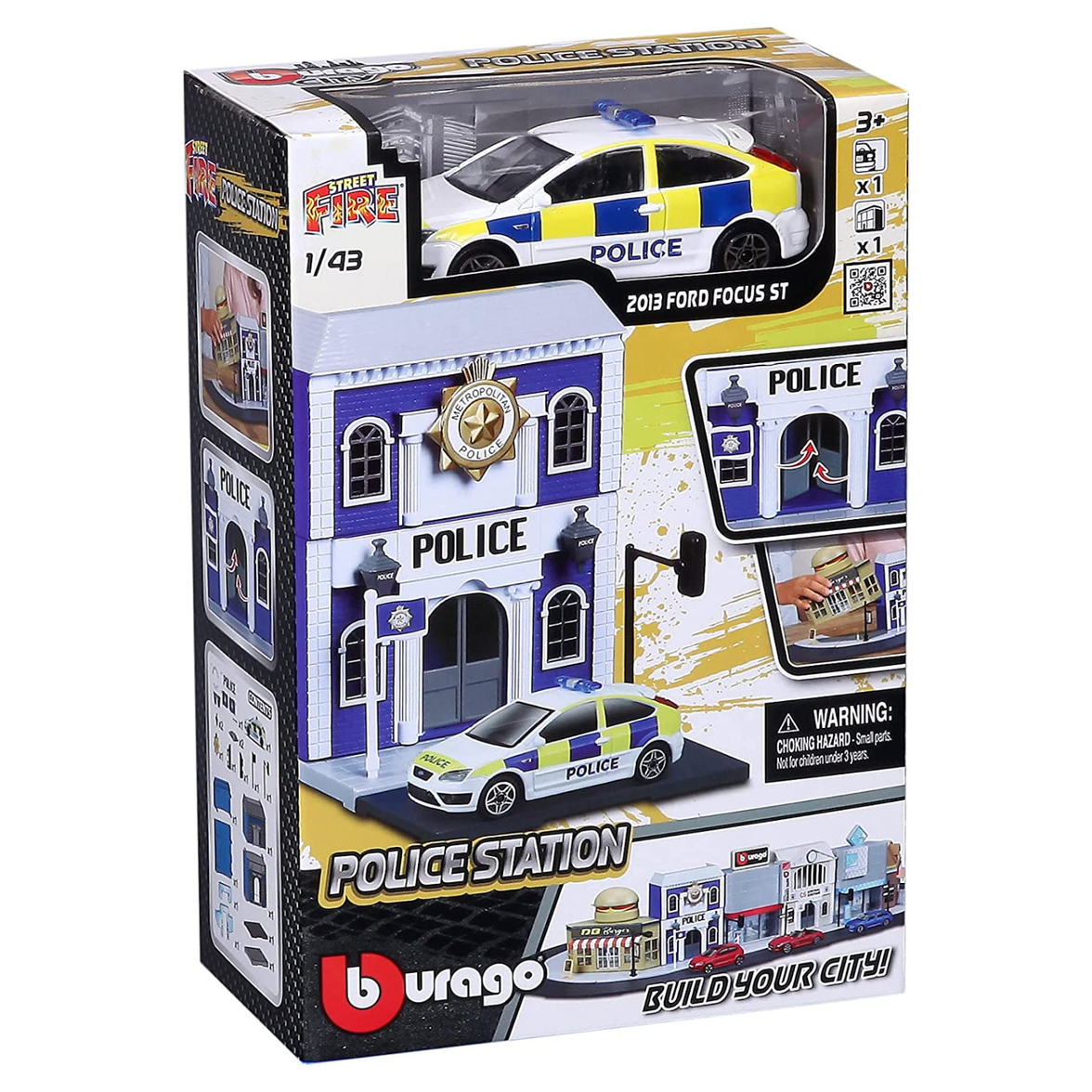 Bburago Build Your City 1/43 – Police Station con Ford Focus ST 2013 | Set de Construcción y Coche de Colección | Juguete y Maqueta para Niños y Coleccionistas