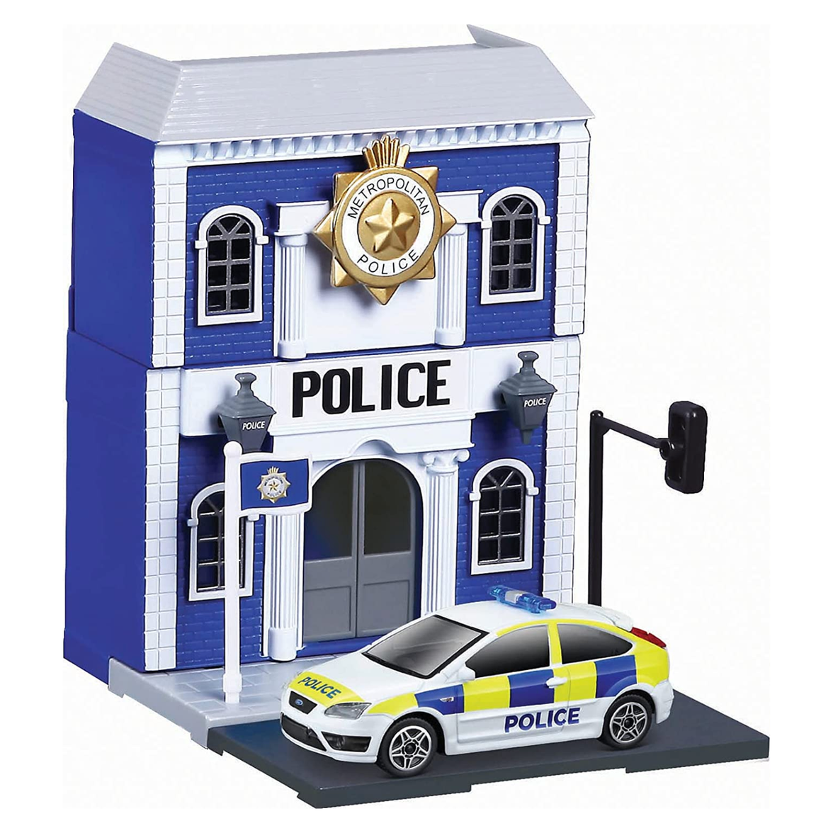 Bburago Build Your City 1/43 – Police Station con Ford Focus ST 2013 | Set de Construcción y Coche de Colección | Juguete y Maqueta para Niños y Coleccionistas