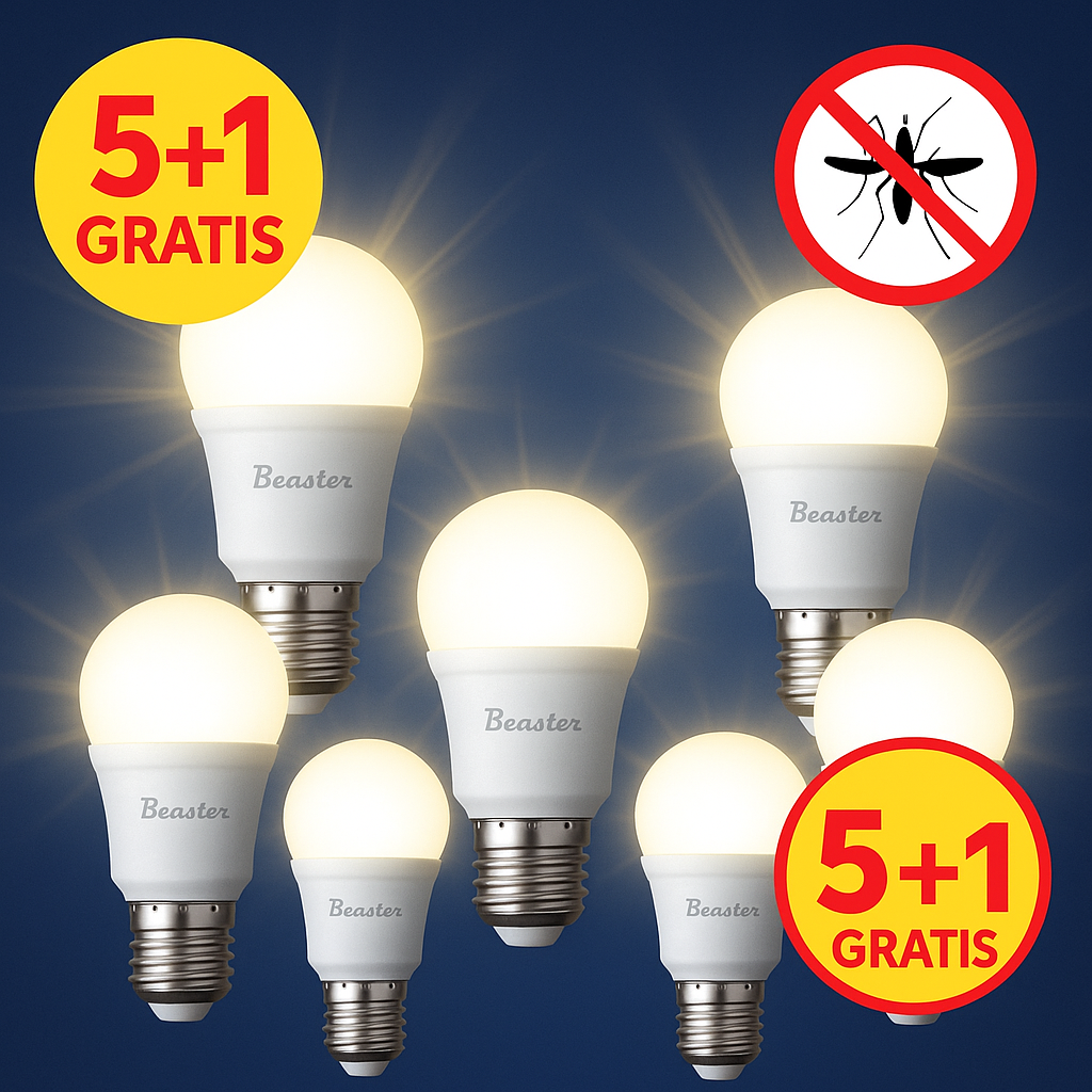 Pack 5 WIOHAIR + 1 de regalo Bombillas antimosquitos(tres luces, luz calida, blanca y antimosquitos) | Eficaz en interior y exterior | Tecnología patentada | Repelente de mosquito común y tigre| LED E27 A70, 11W | 3 tipos de luz: 1850 K, 3800 K, 5700 K