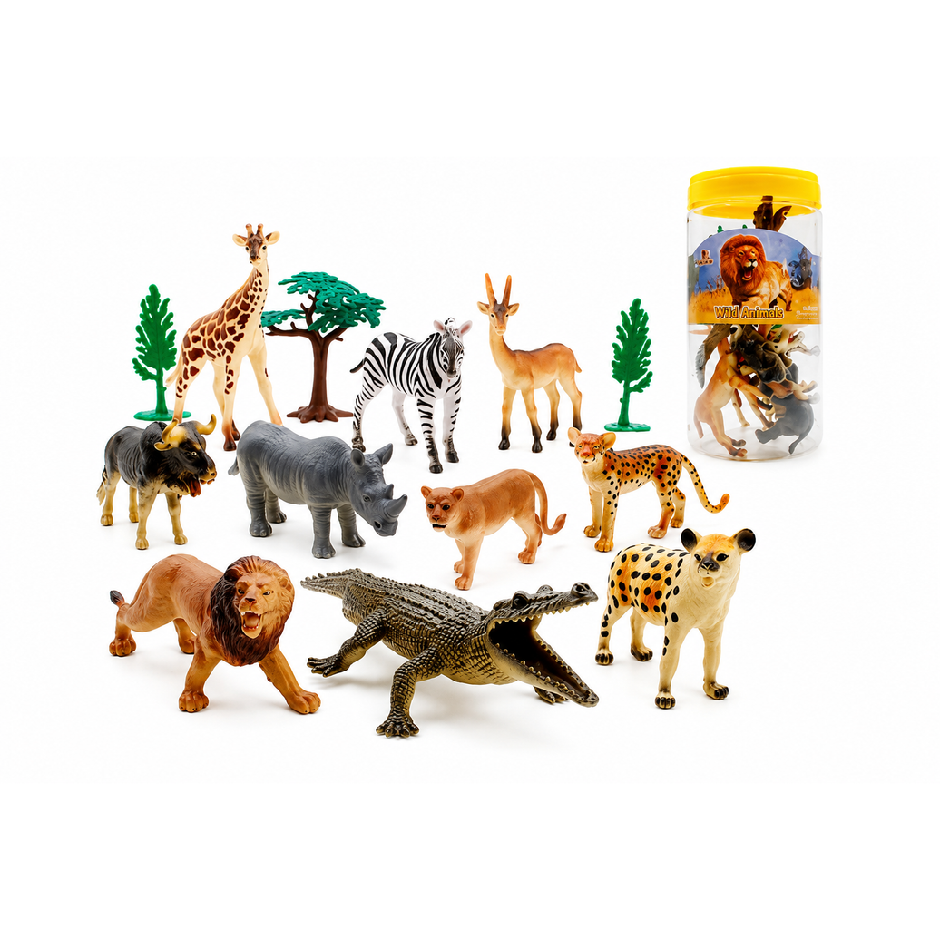 Set de Animales Salvajes en Cubo 13 Piezas | Figuras de Safari para Niños