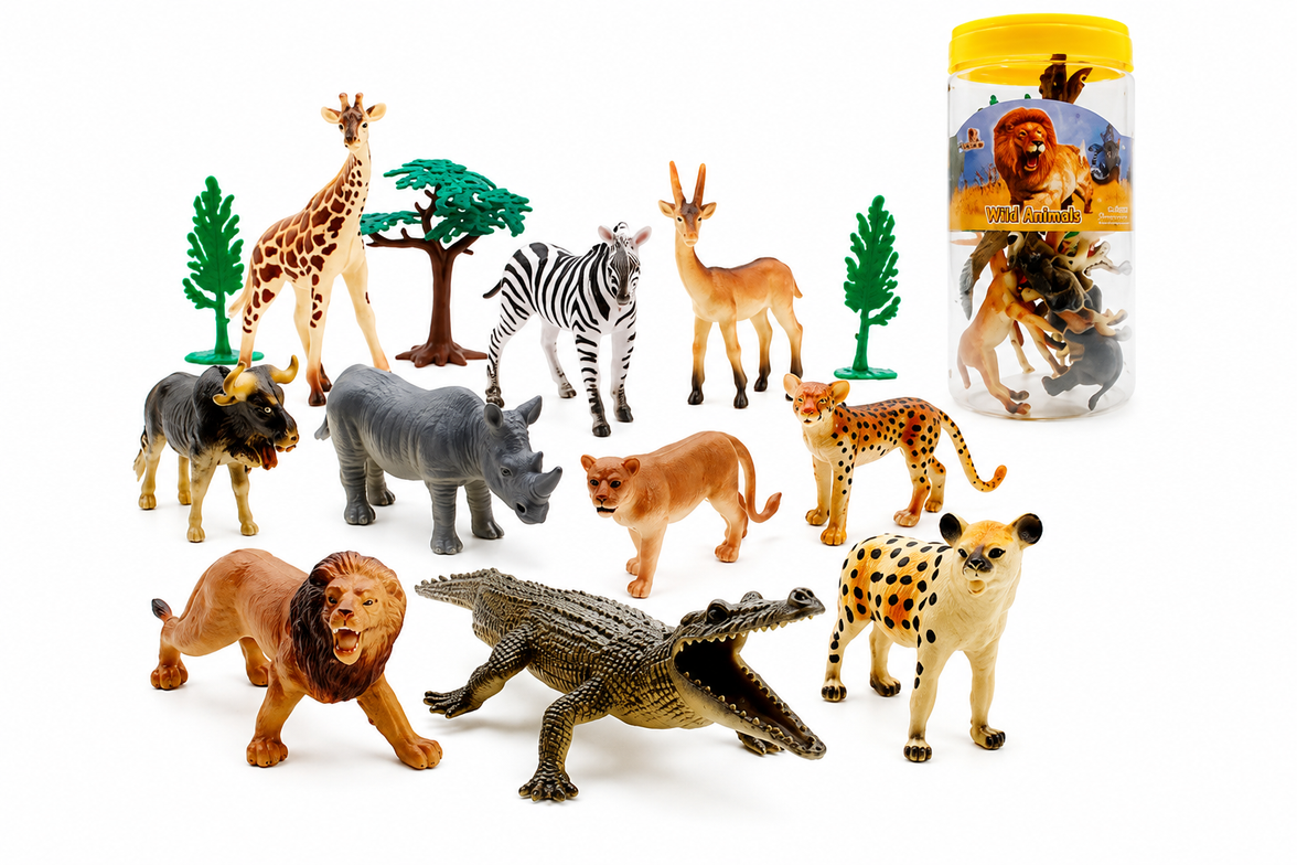 Set de Animales Salvajes en Cubo 13 Piezas | Figuras de Safari para Niños