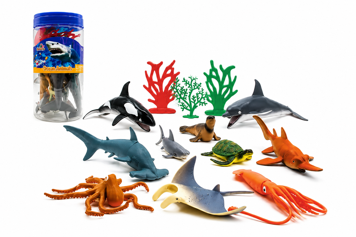 Set de Animales Marinos en Cubo 13 Piezas | Figuras del Océano para Niños