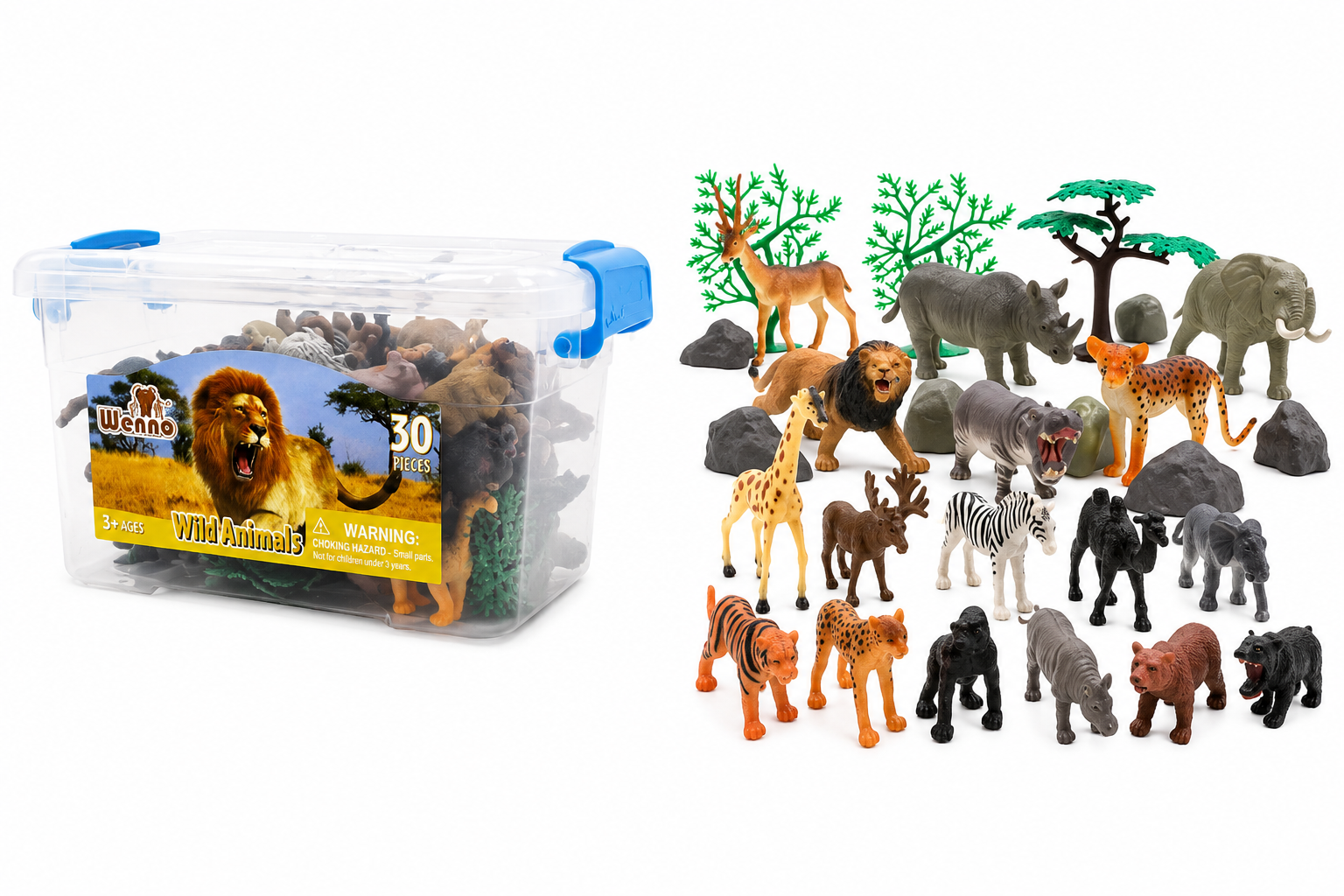 Set de Animales Salvajes 30 Piezas | Figuras Safari con Accesorios y Caja de Almacenamiento