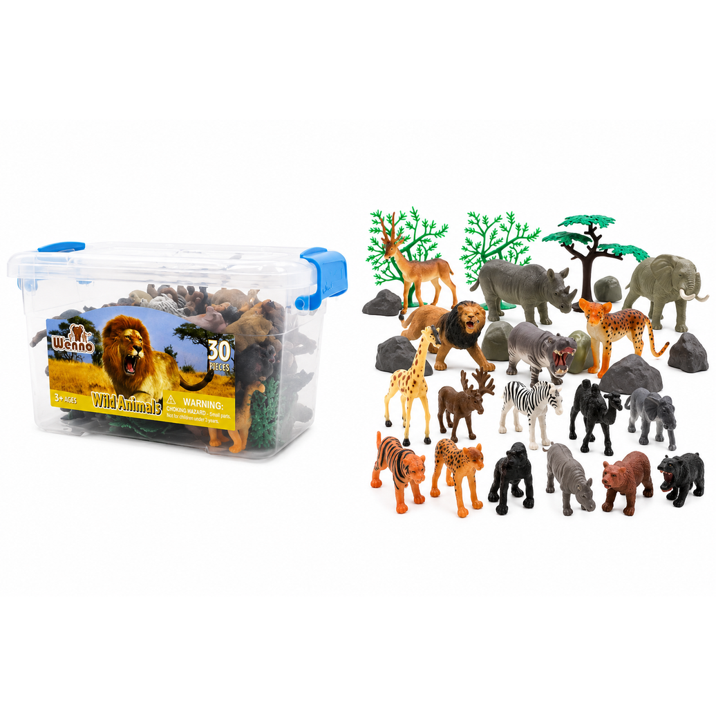 Set de Animales Salvajes 30 Piezas | Figuras Safari con Accesorios y Caja de Almacenamiento
