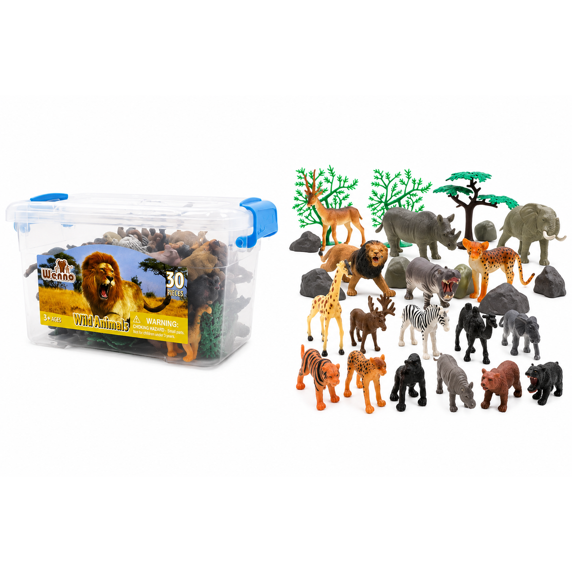 Set de Animales Salvajes 30 Piezas | Figuras Safari con Accesorios y Caja de Almacenamiento