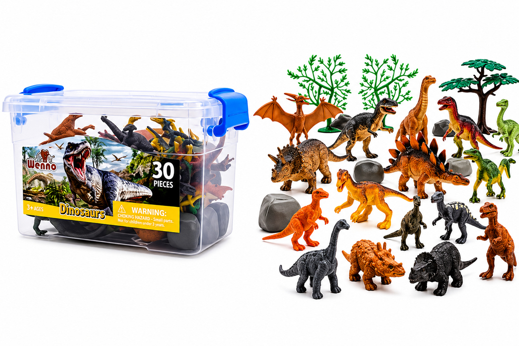 Set de Dinosaurios 30 Piezas | Figuras de Dinosaurios con Accesorios y Caja Organizadora