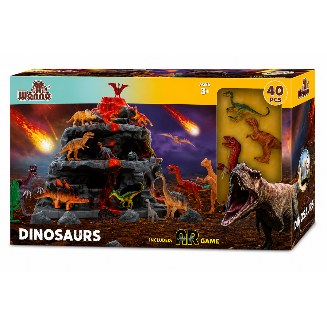 Set de Dinosaurios con Volcán 40 Piezas | Juego Prehistórico con Figuras y Accesorios