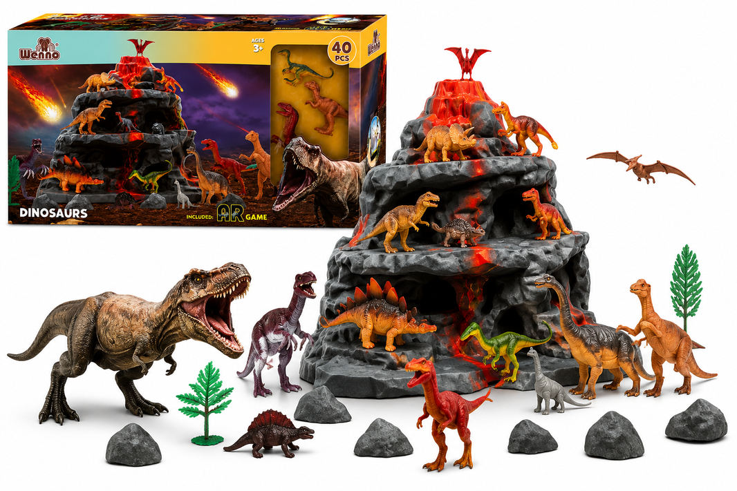 Set de Dinosaurios con Volcán 40 Piezas | Juego Prehistórico con Figuras y Accesorios