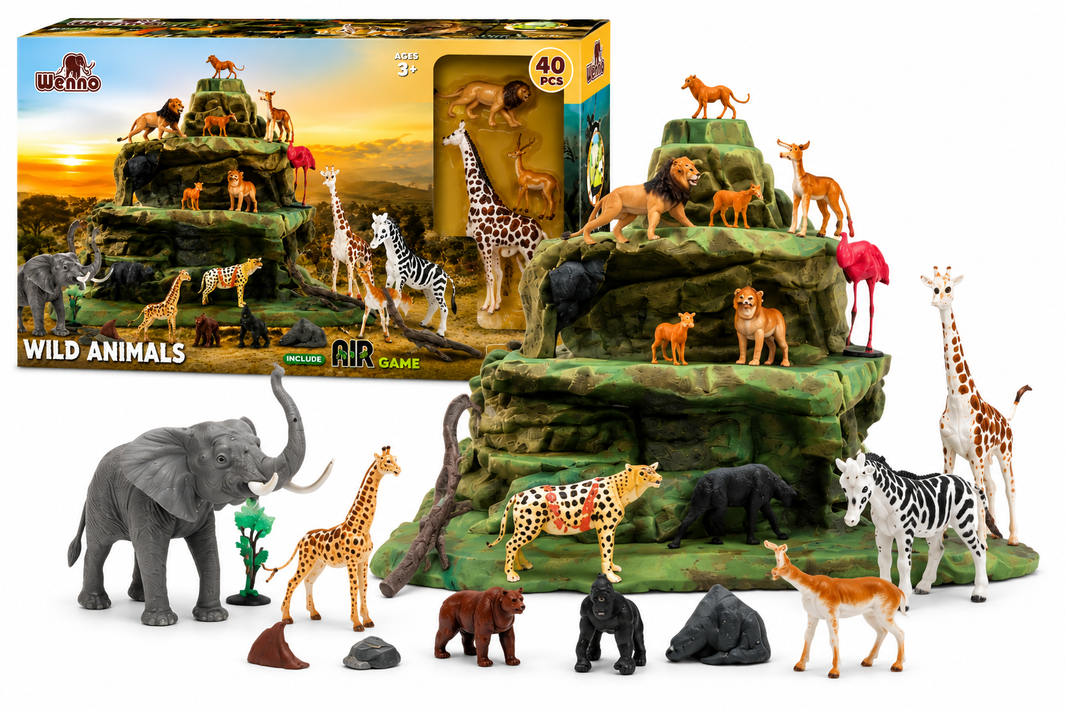 Set de Animales Salvajes con Volcán 40 Piezas | Juego Safari con Figuras y Accesorios