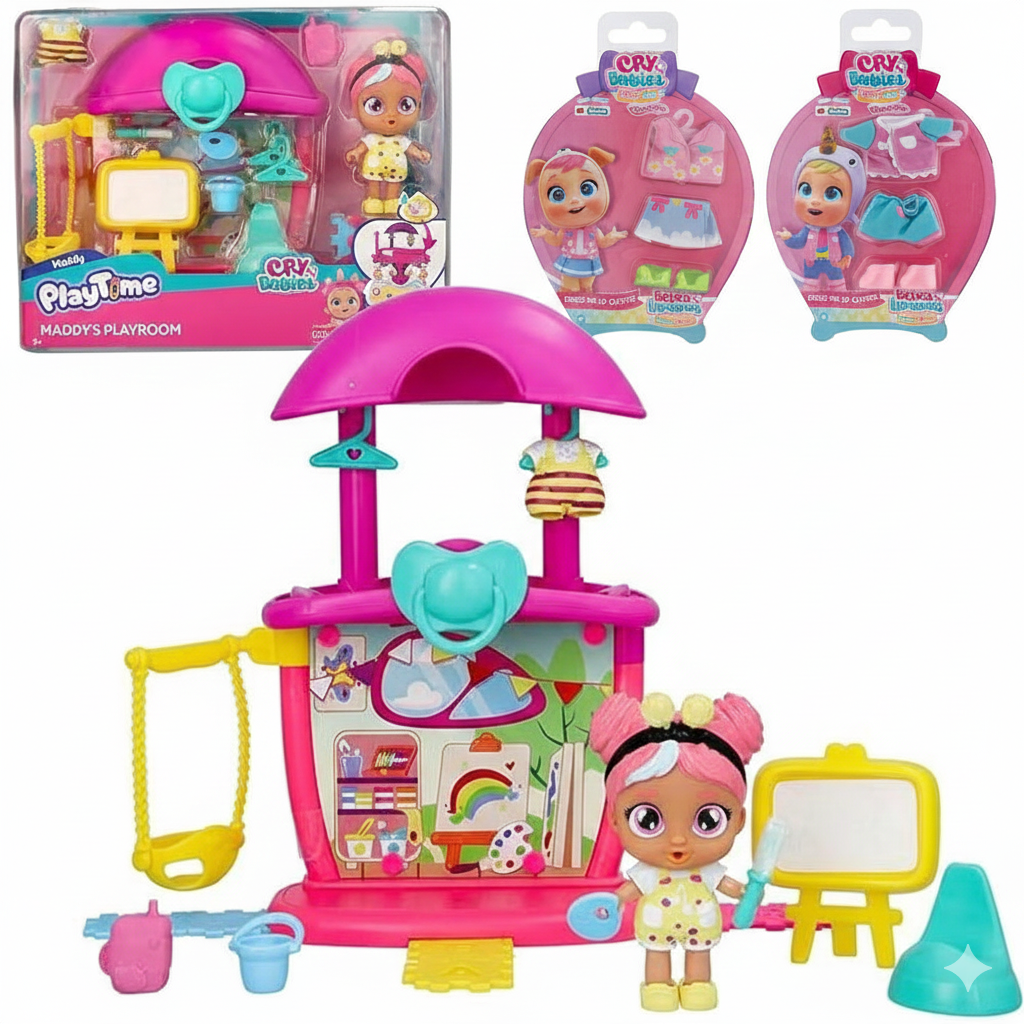 Bebés Llorones Playtime – Maddy’s Playroom+ 1 traje gratis de regalo para la Bebe | Set de Juego Infantil con Muñeca y Accesorios | Habitación Interactiva para Niños