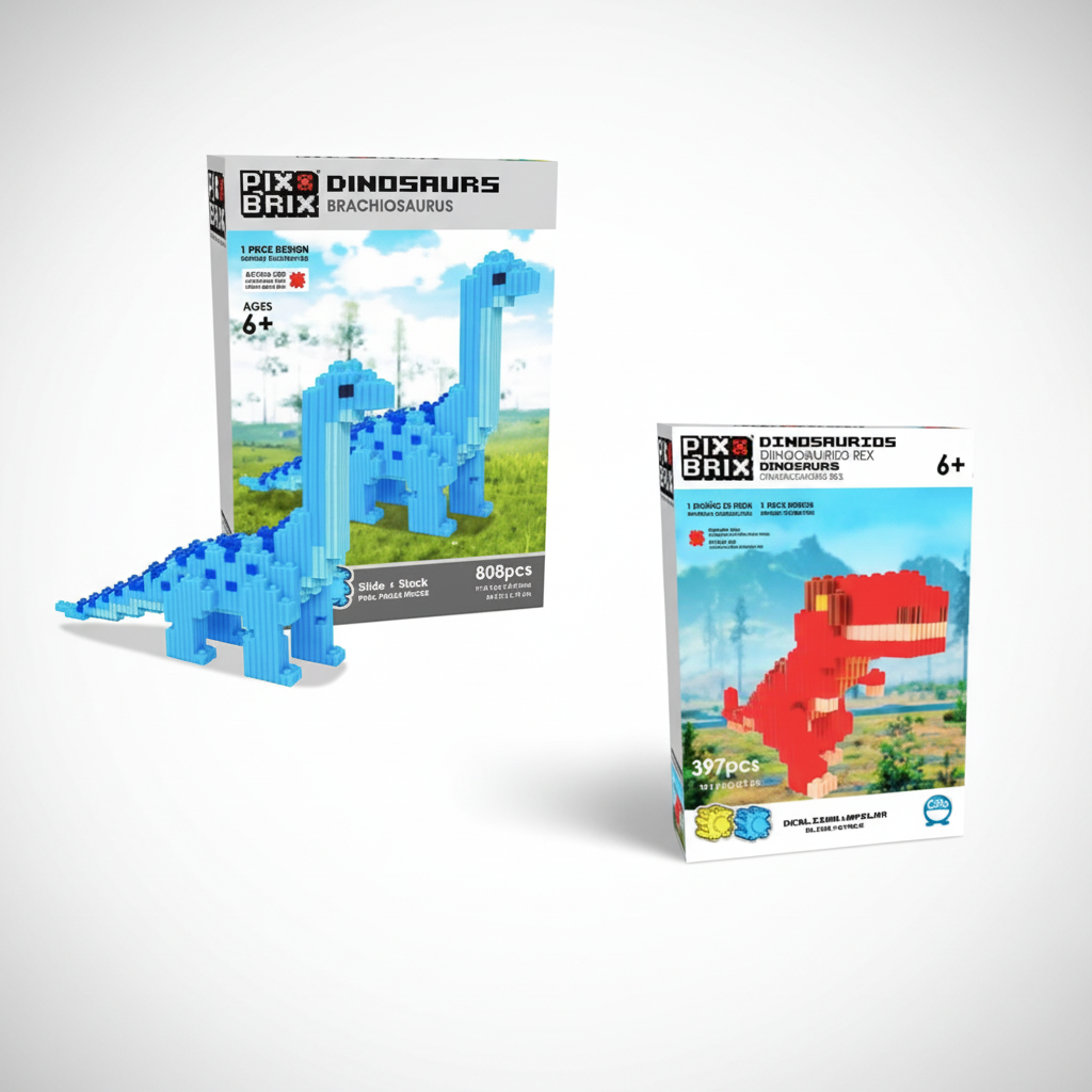 Pack Pix Brix Dinosaurios – Set de Construcción 3D Brachiosaurus (808 piezas) y T-Rex (397 piezas) | Bloques de Encaje Slide+Stack | Juguete Educativo para Niños +6 Años