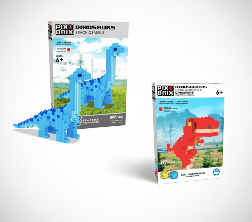 Pack Pix Brix Dinosaurios – Set de Construcción 3D Brachiosaurus (808 piezas) y T-Rex (397 piezas) | Bloques de Encaje Slide+Stack | Juguete Educativo para Niños +6 Años