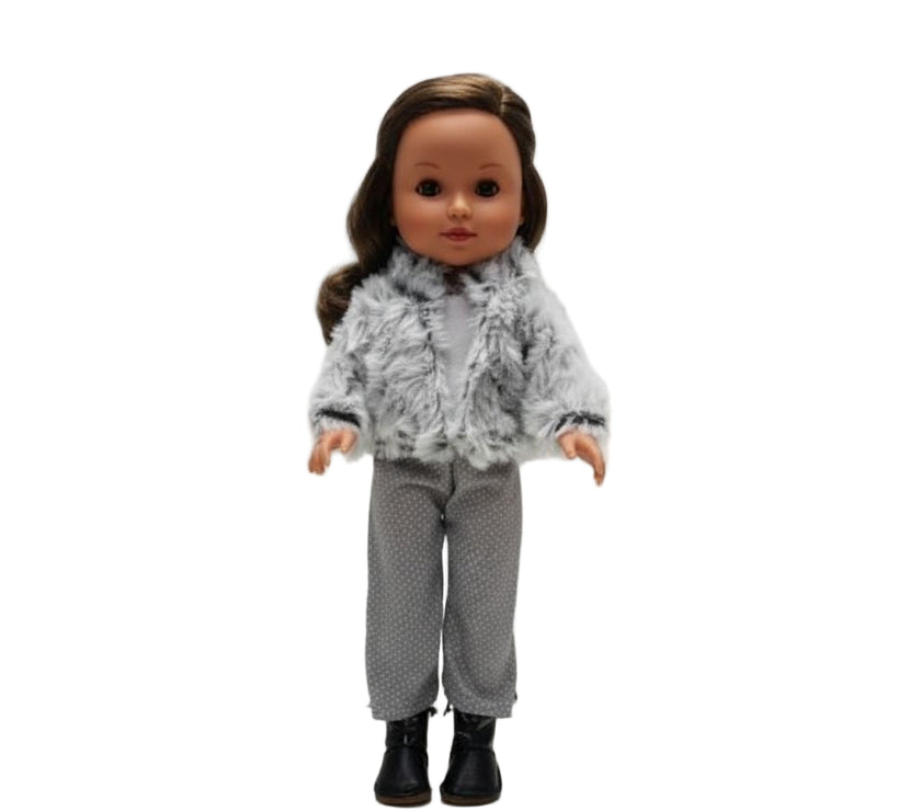 Muñeca Arias Elegance Carla – Muñeca Bebé de 38 cm con Chaqueta de Pelo Gris y Complementos | Fabricada en España
