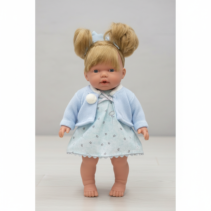 Muñeca Arias Elegance con Vestido Azul Ref. 60610-2 – Muñeca Bebé de 28 cm con Sonido de Risa, Conjunto y Complementos | Fabricada en España