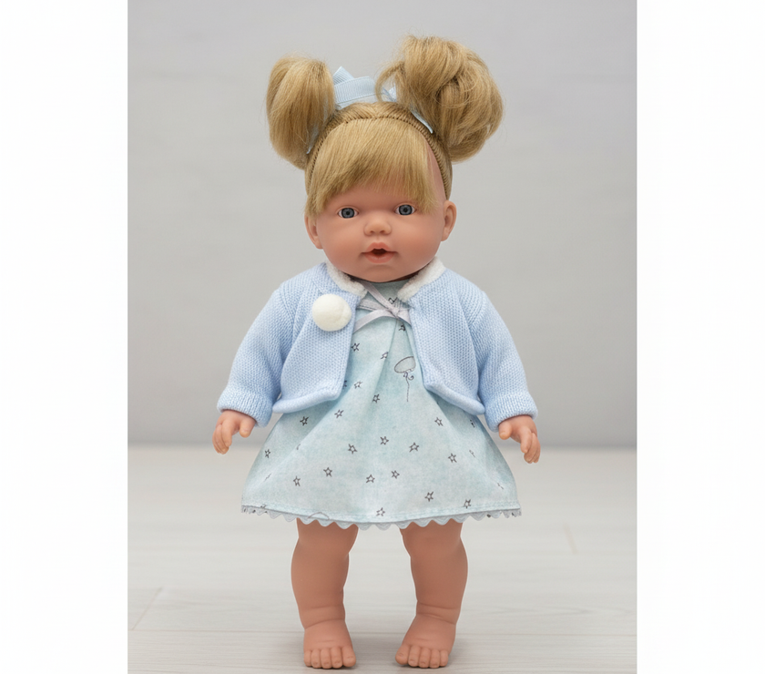 Muñeca Arias Elegance con Vestido Azul Ref. 60610-2 – Muñeca Bebé de 28 cm con Sonido de Risa, Conjunto y Complementos | Fabricada en España