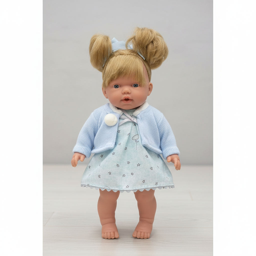 Muñeca Arias Elegance con Vestido Azul Ref. 60610-2 – Muñeca Bebé de 28 cm con Sonido de Risa, Conjunto y Complementos | Fabricada en España