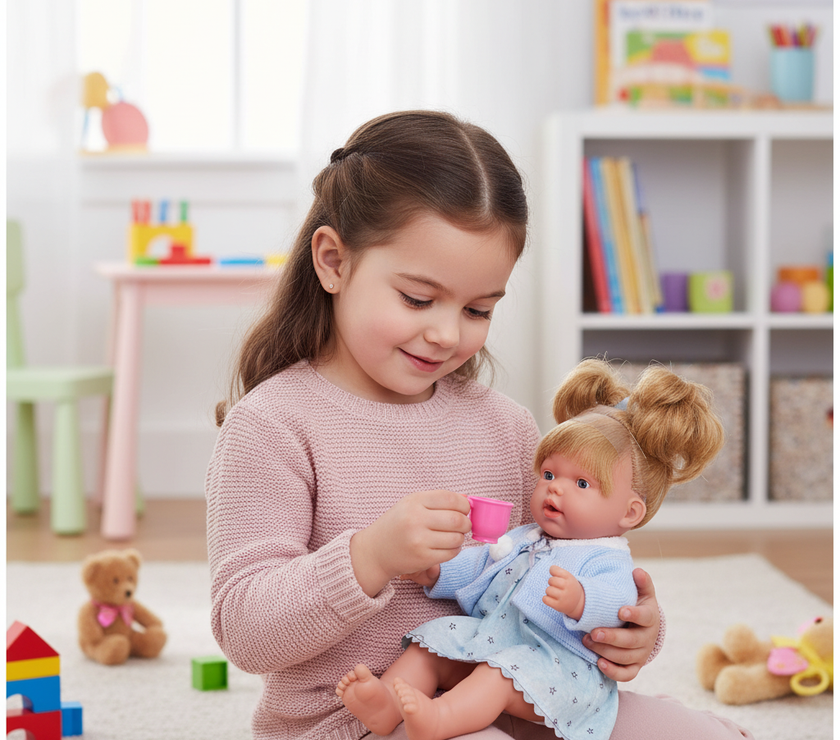 Muñeca Arias Elegance con Vestido Azul Ref. 60610-2 – Muñeca Bebé de 28 cm con Sonido de Risa, Conjunto y Complementos | Fabricada en España