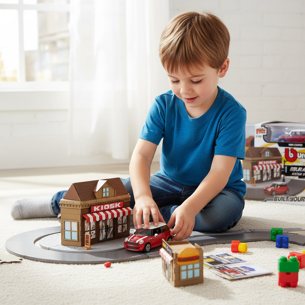 Bburago Build Your City 1/43 – Kiosk Store + Mini Cooper S | Set de Juego con Coche Die-Cast y Accesorios | Juguete de Construcción y Colección