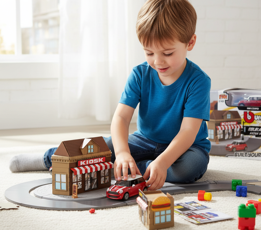 Bburago Build Your City 1/43 – Kiosk Store + Mini Cooper S | Set de Juego con Coche Die-Cast y Accesorios | Juguete de Construcción y Colección