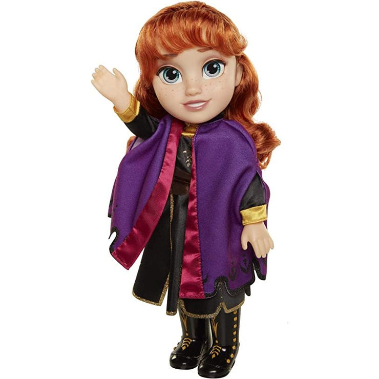 Disney Frozen 2 - Muñeca Anna de Viaje 38 cm con Capa de Viaje Violeta, Botas y un Precioso Peinado